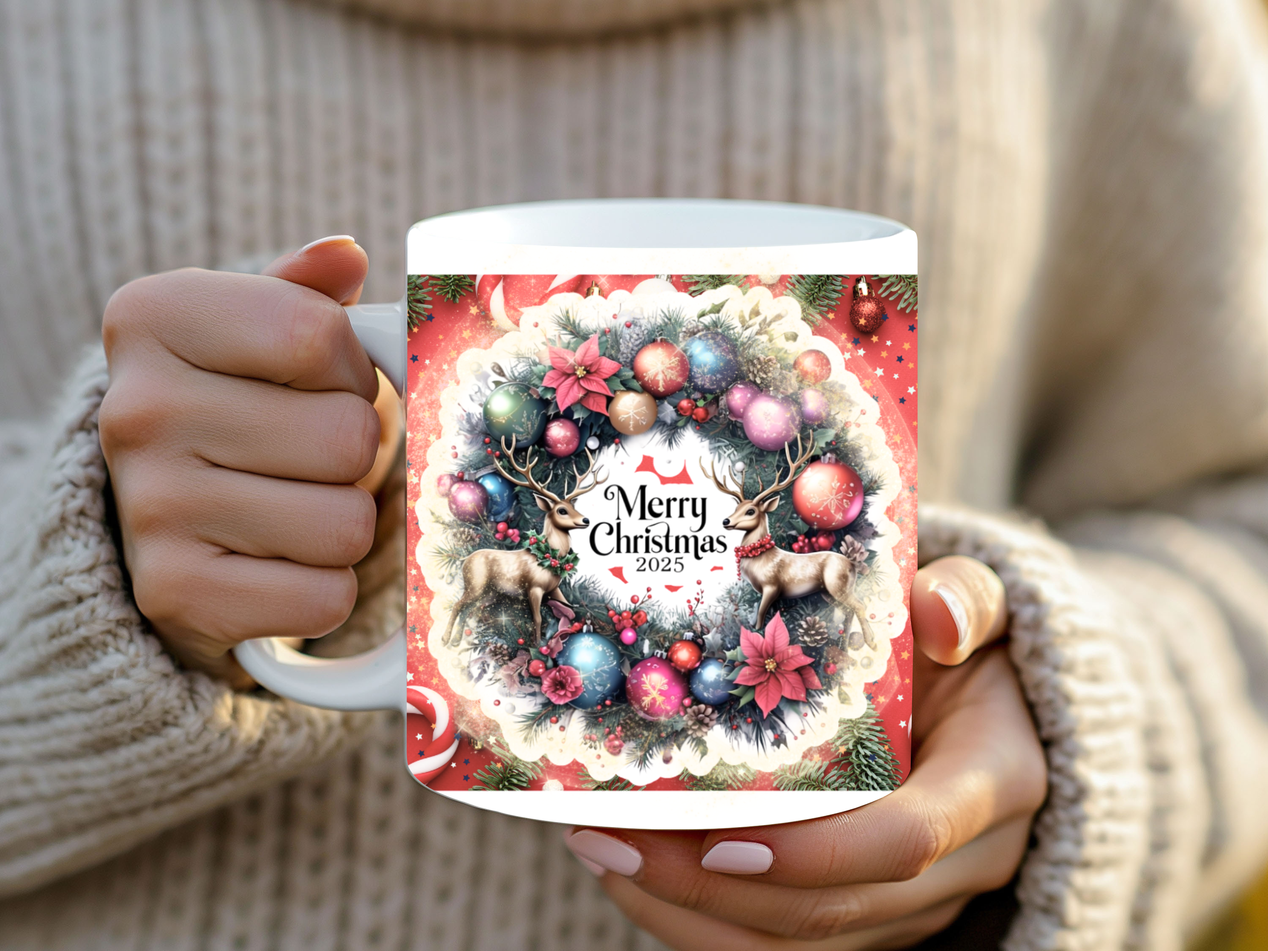 Merry Christmas 2025 Mug – Elegant Reindeer & Holiday Wreath mug