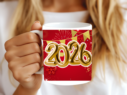 New Year 2026 Celebration Mug – Festive Gold & Red Holiday mug