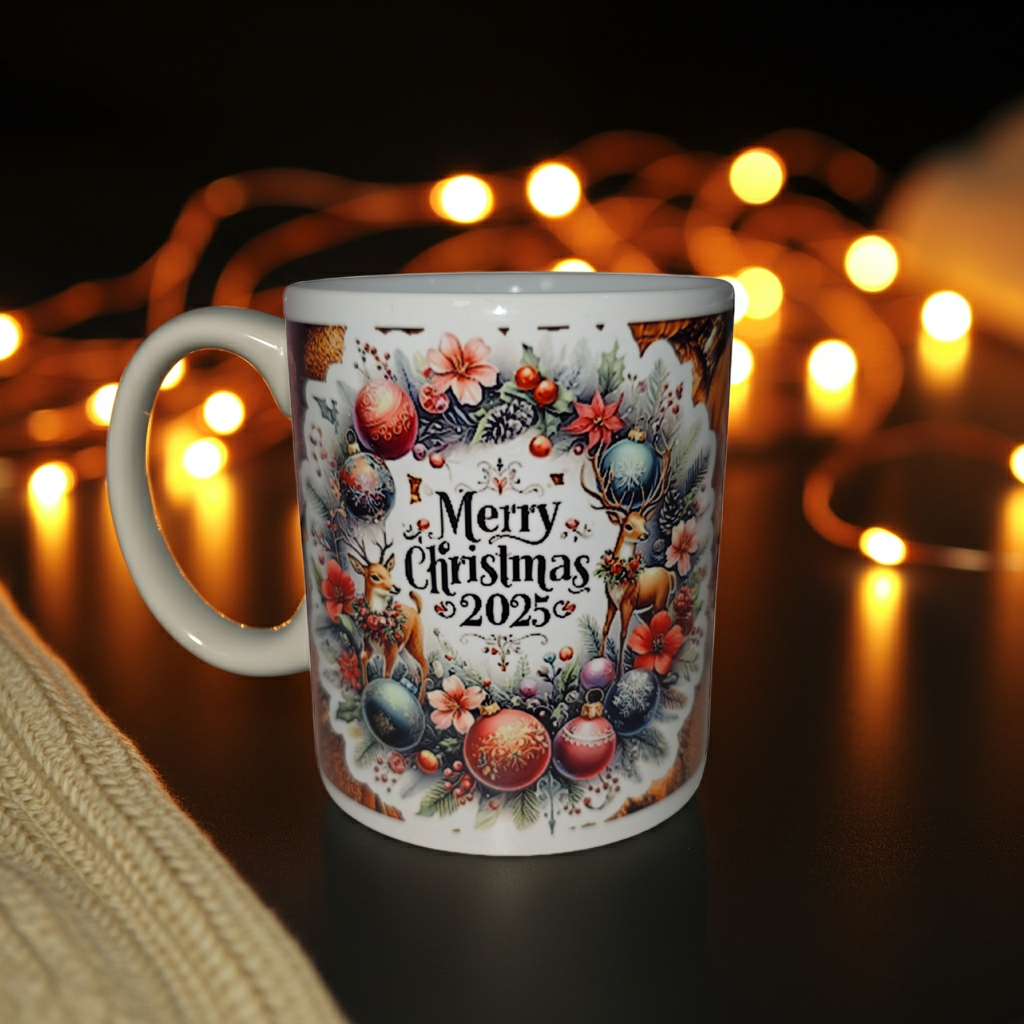 Golden Reindeer Christmas Mug – Merry Christmas 2025 Holiday Cup